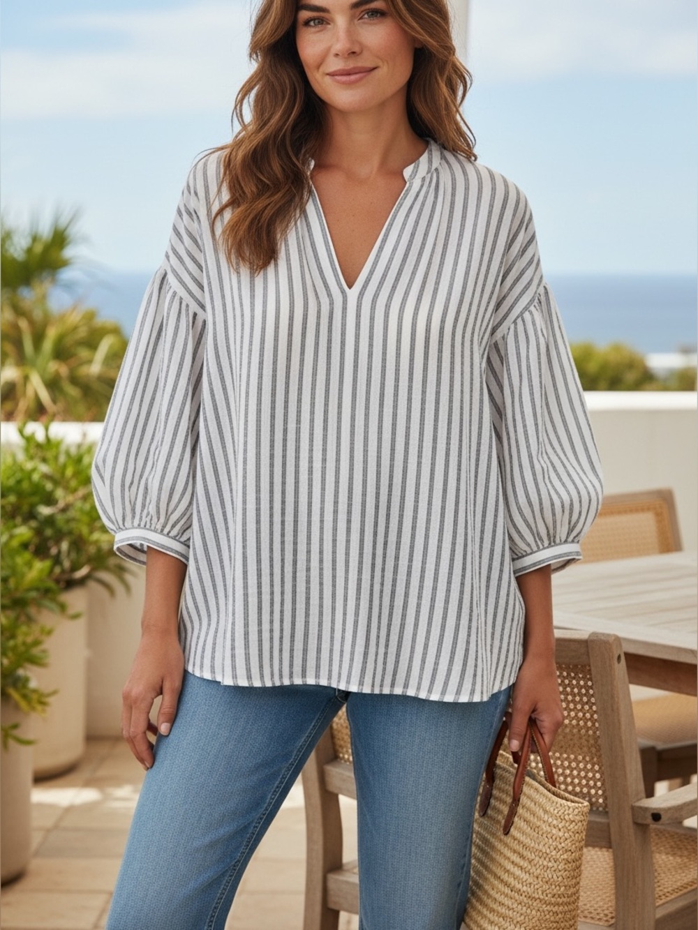 Vince Striped Cotton Blouse Womens Large White Gray V Neck Long Sleeve Relaxed